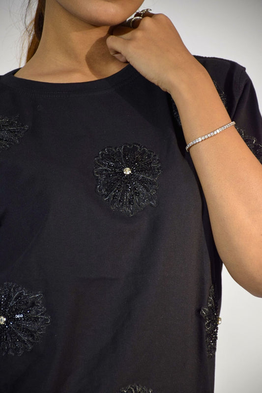 Flower Embellished Handcrafted Oversized T-Shirt Black