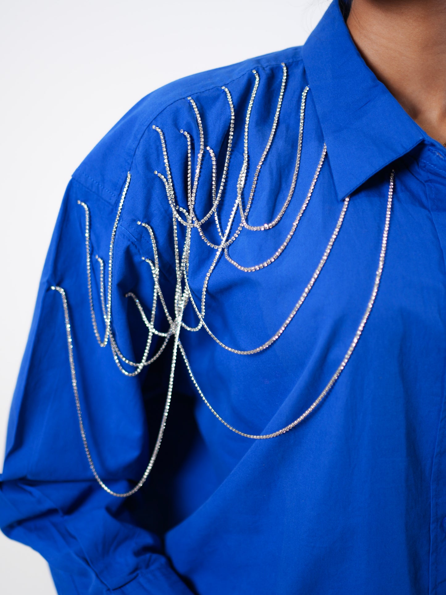 Edgy Embellished Handcrafted Oversized Shirt Blue