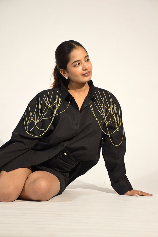Edgy Embellished Handcrafted Oversized Shirt Black