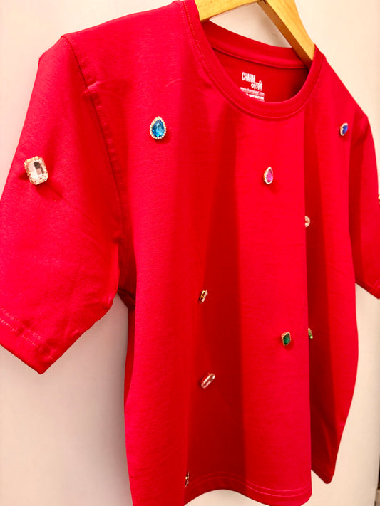 Infinity stones Embellished Handcrafted Crop T Shirt red