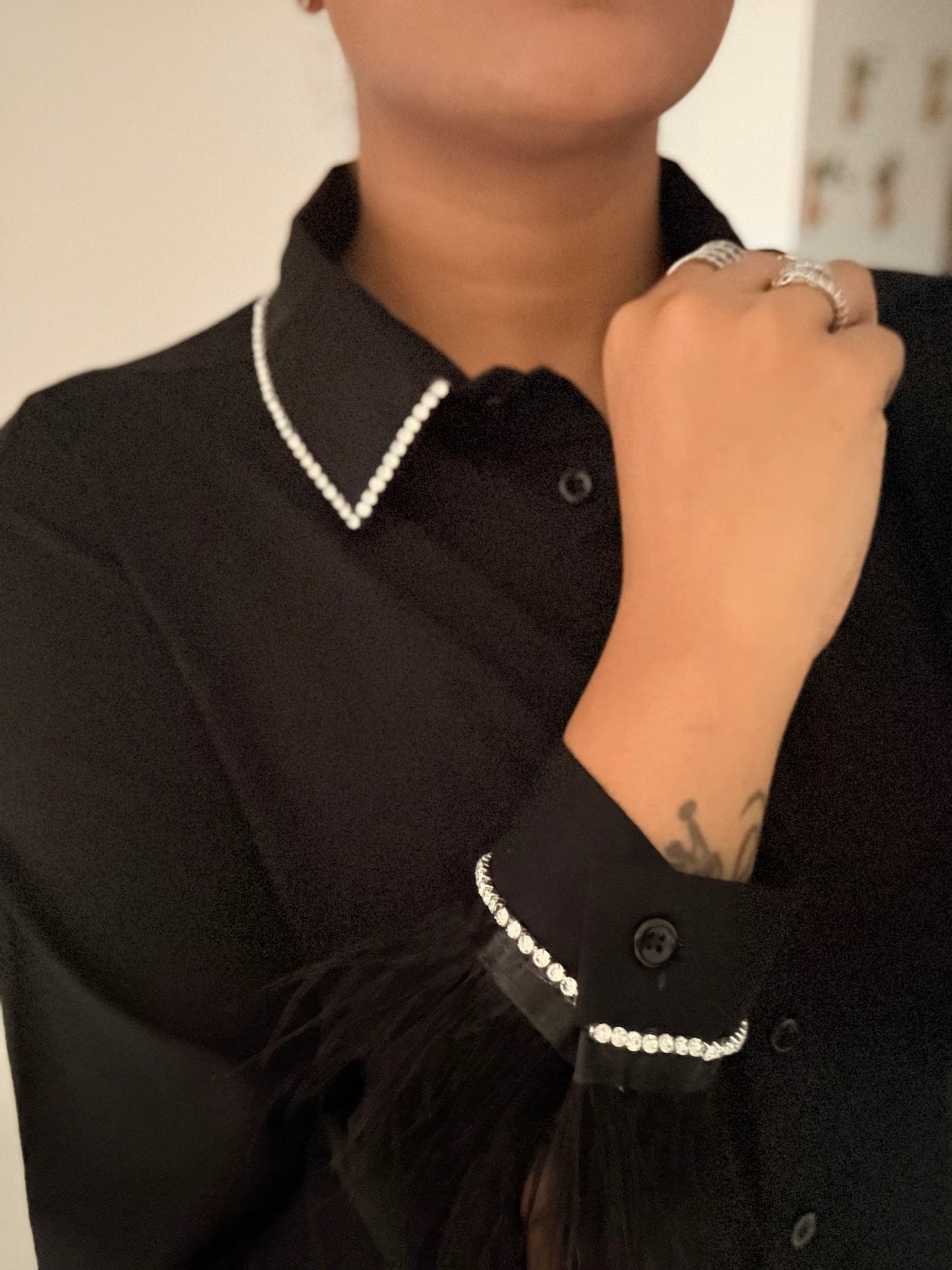Rhine feather embellish handcrafted crop shirt
