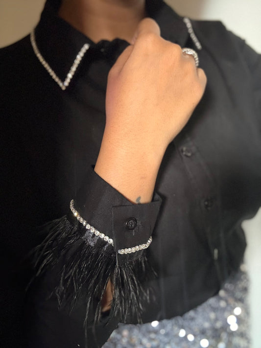 Rhine feather embellish handcrafted crop shirt