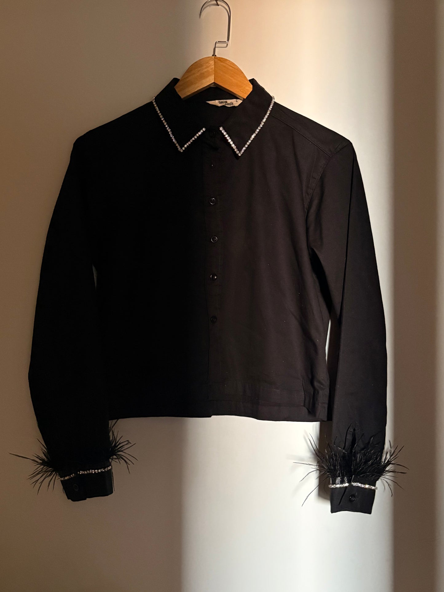 Rhine feather embellish handcrafted crop shirt