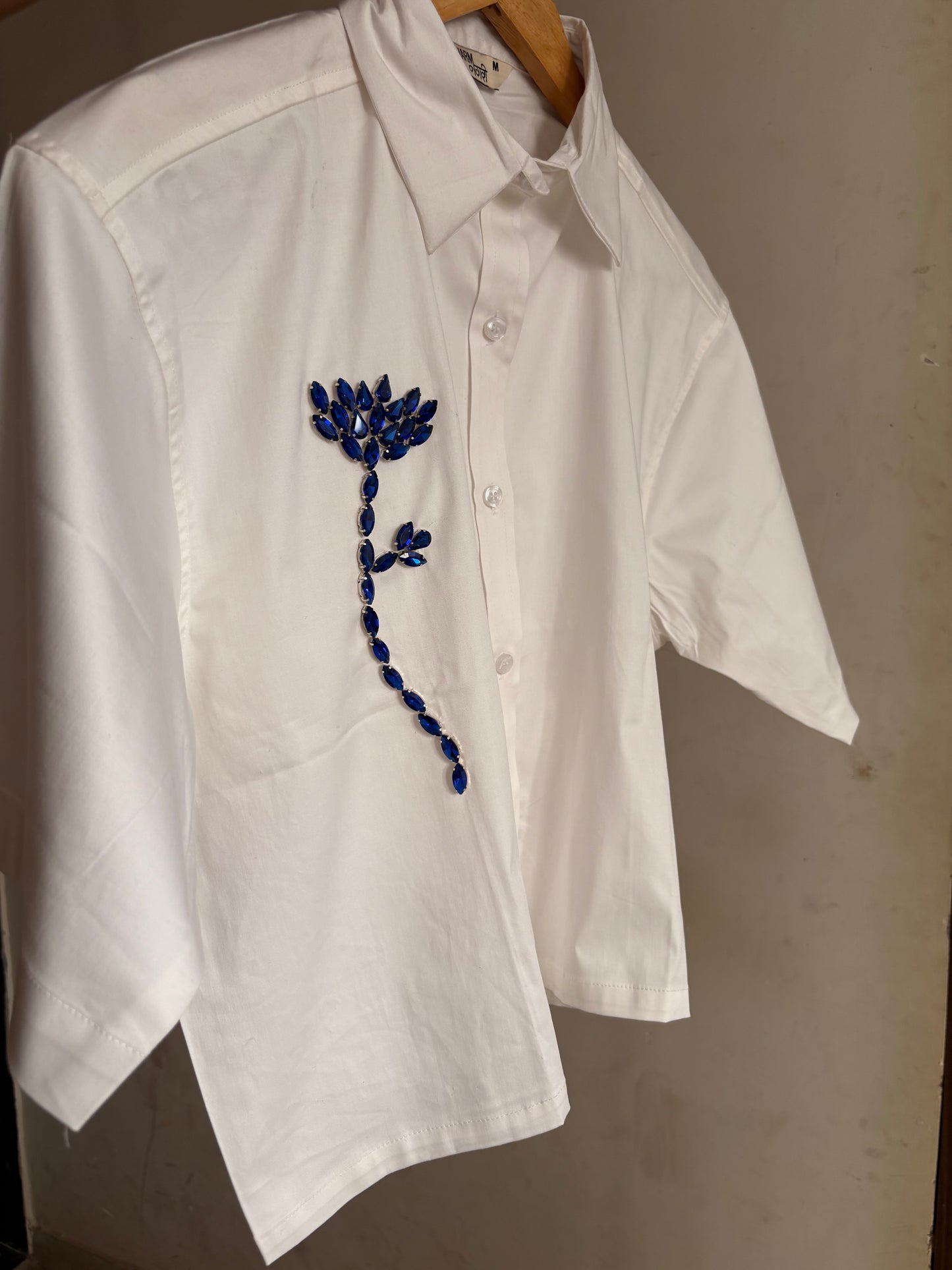 Sapphire Charm Embellished Handcrafted Crop Shirt White