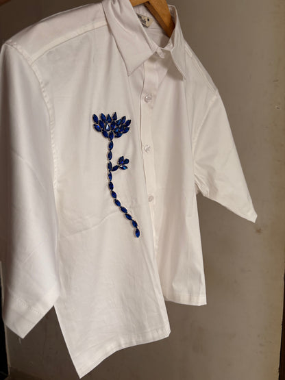 Sapphire Charm Embellished Handcrafted Crop Shirt White