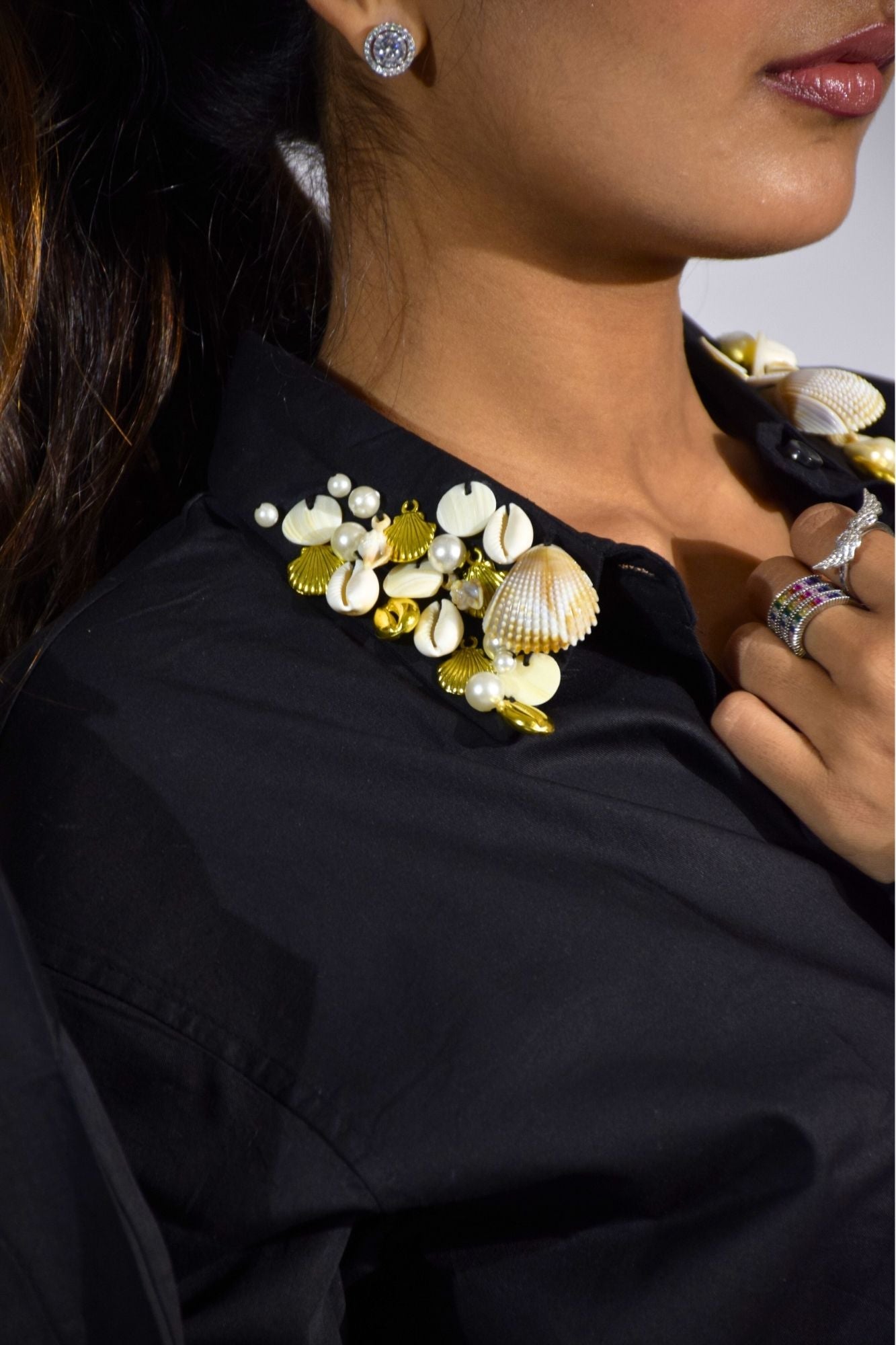 Sea Shell Embellished Handcrafted Crop Shirt Black