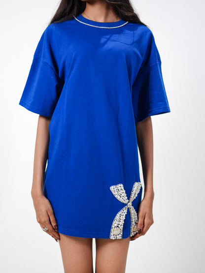Neel Tara Embellished Handcrafted Oversized Tshirt Dress Blue