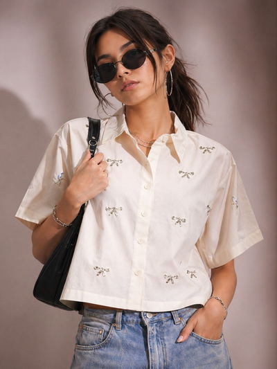 Bow Bliss Embellished Handcrafted Crop Shirt White