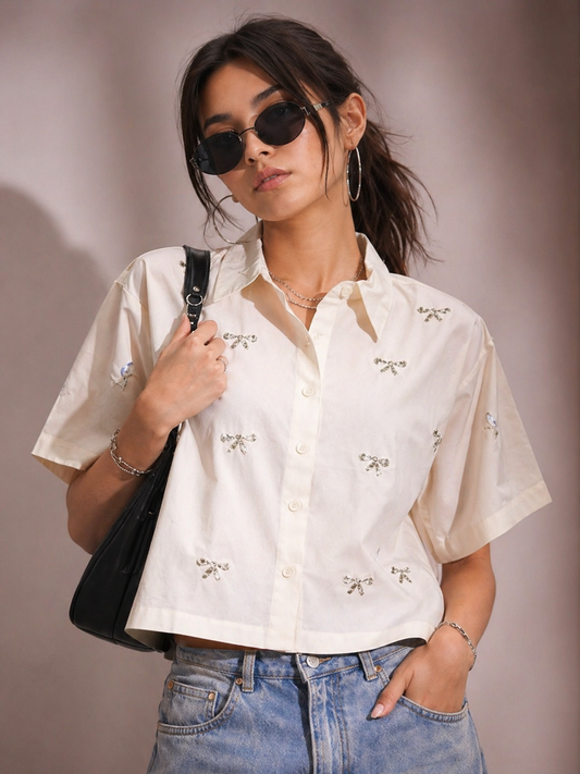 Bow Bliss Embellished Handcrafted Crop Shirt White