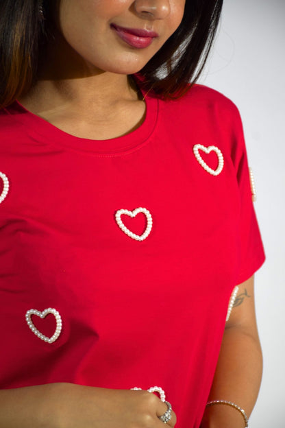 Heart of Pearl Embellished Handcrafted Crop T Shirt red
