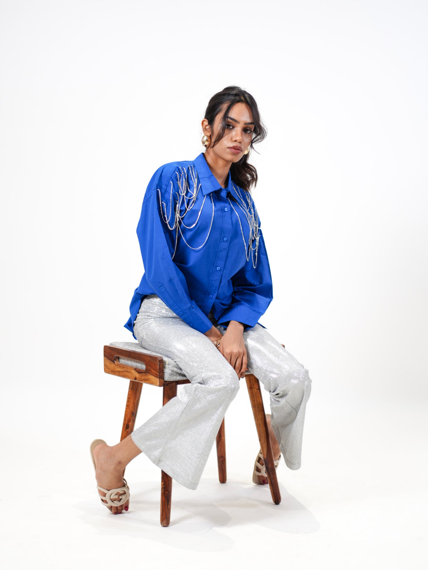 Edgy Embellished Handcrafted Oversized Shirt Blue