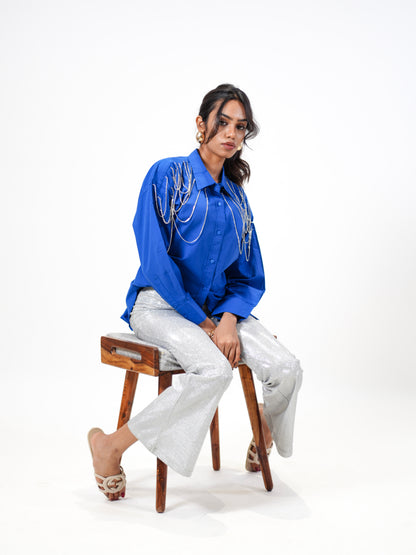 Edgy Embellished Handcrafted Oversized Shirt Blue