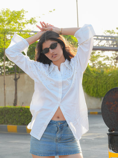 Noor Drip Embellished Handcrafted Oversized Shirt White
