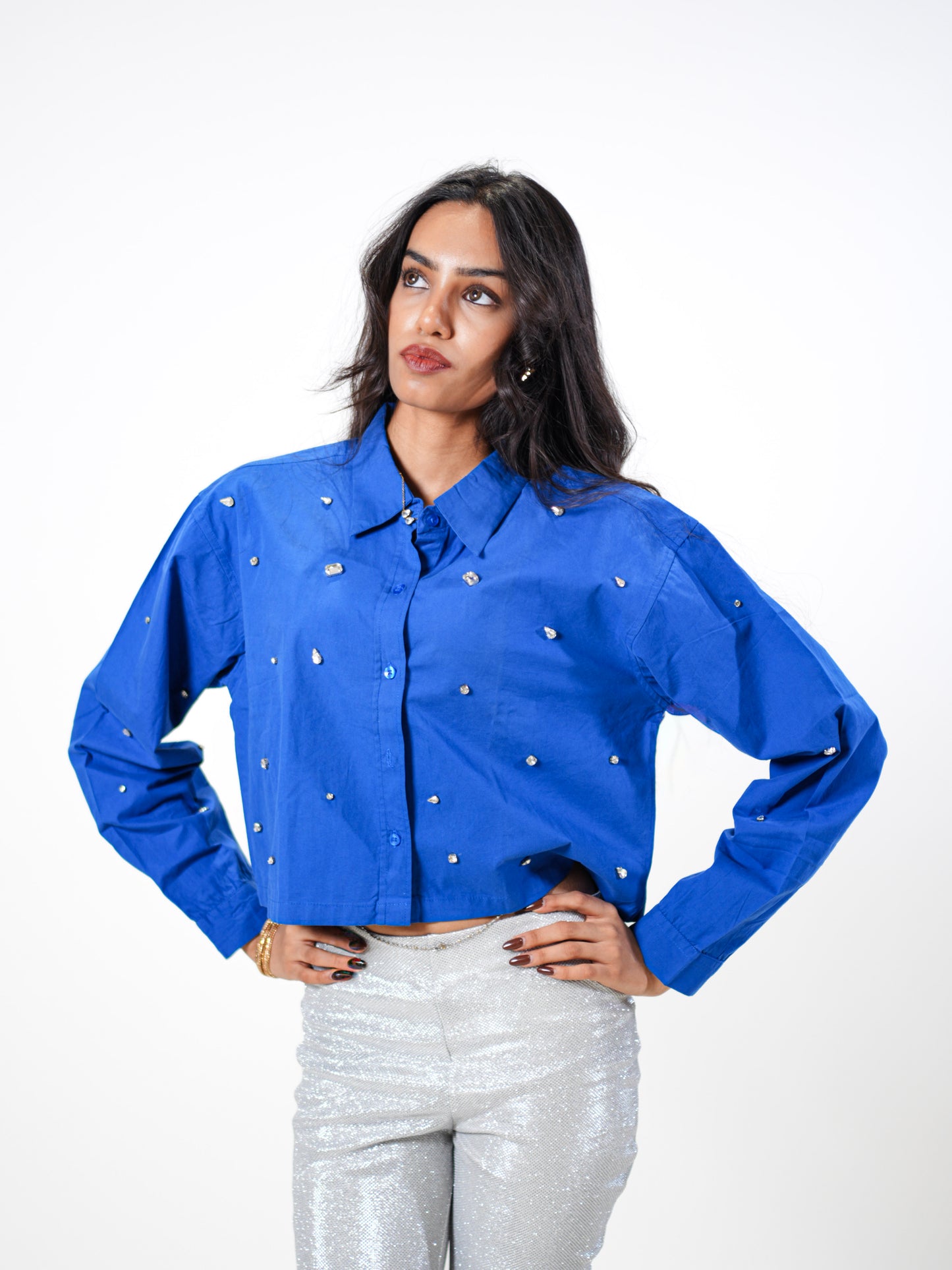 Galaxy Stone Embellished Handcrafted Crop Shirt Blue