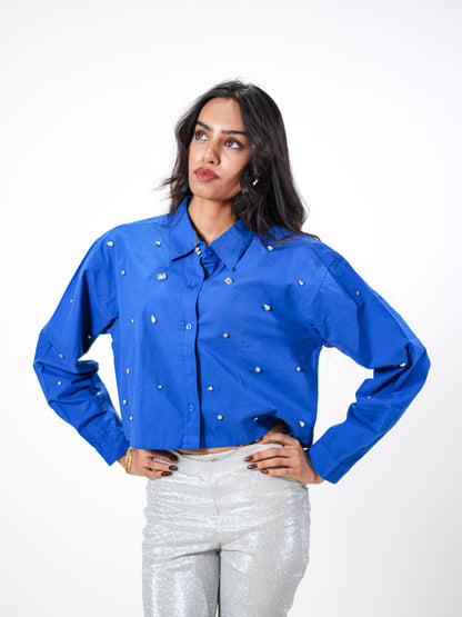 Galaxy Stone Embellished Handcrafted Crop Shirt Blue