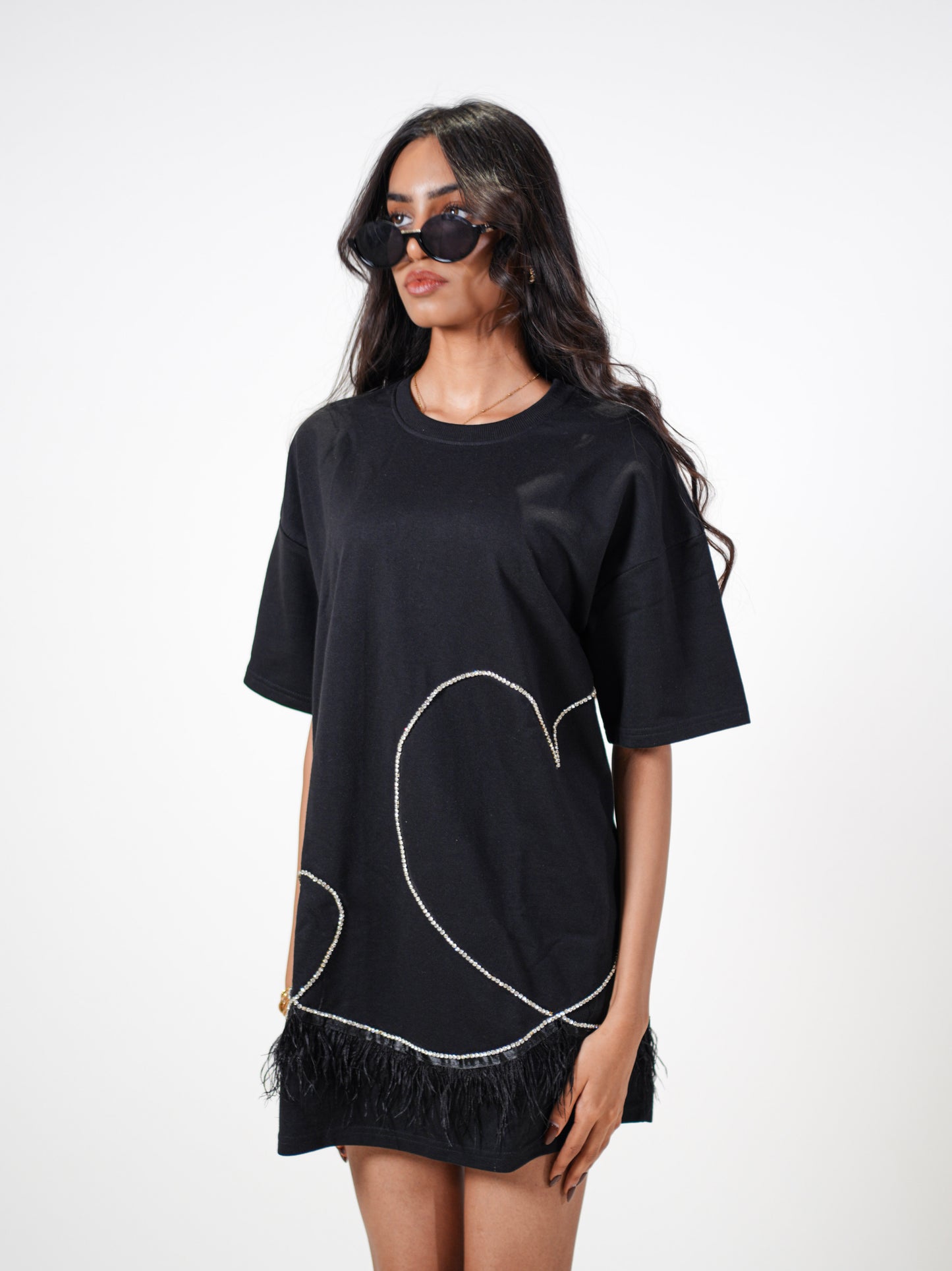 Stardust Embellished Handcrafted Oversized Tshirt Dress Black