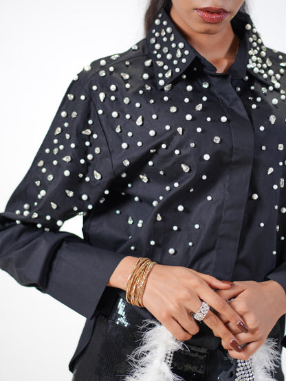 Noor Drip Embellished Handcrafted Oversized Shirt Black
