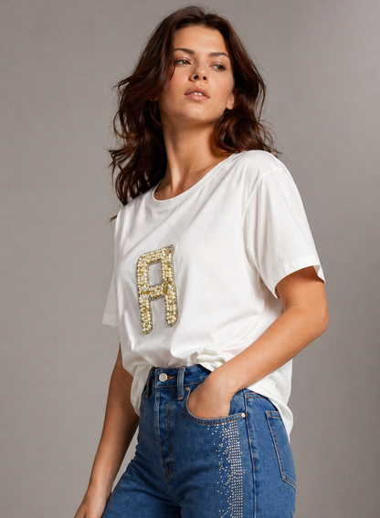 Personalized alphabet hand embroidered embellished oversized T-shirt  White