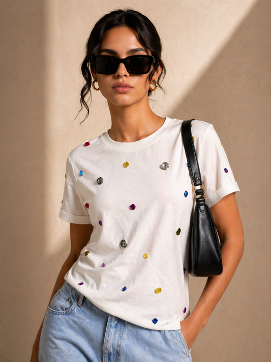 9 Stone Embellished Handcrafted oversized T Shirt White