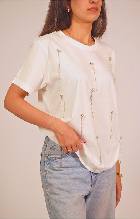 Heartdrop Embellished Handcrafted Drop Oversized T Shirt