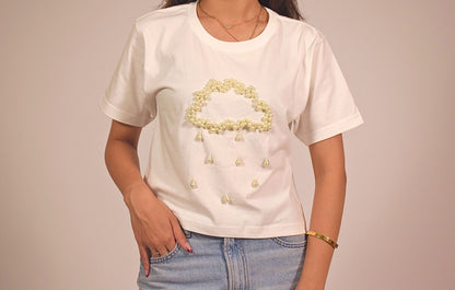 Rain Embellished Handcrafted Crop T Shirt White