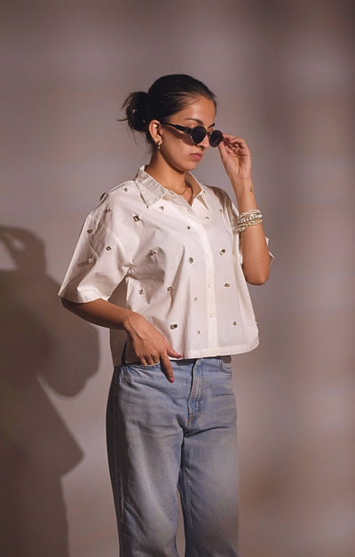 Galaxy Stone Embellished Handcrafted Crop Shirt White hover image