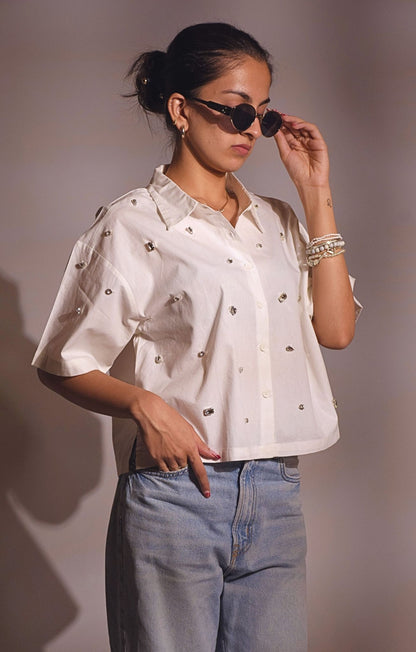 Galaxy Stone Embellished Handcrafted Crop Shirt White