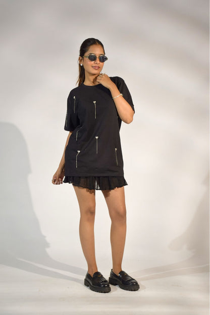Heartdrop Embellished Handcrafted Drop Oversized T-Shirt Black