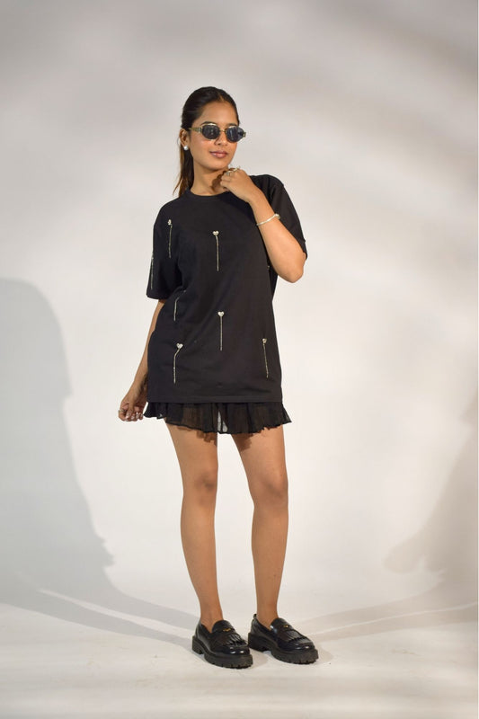 Heartdrop Embellished Handcrafted Drop Oversized T-Shirt Black