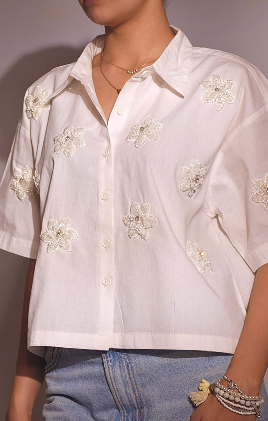 Pearl Flower  Embellished Handcrafted Crop Shirt