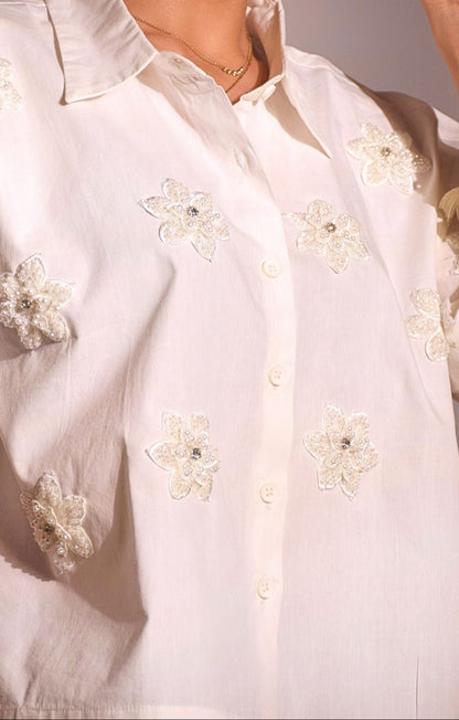 Pearl Flower  Embellished Handcrafted Crop Shirt White
