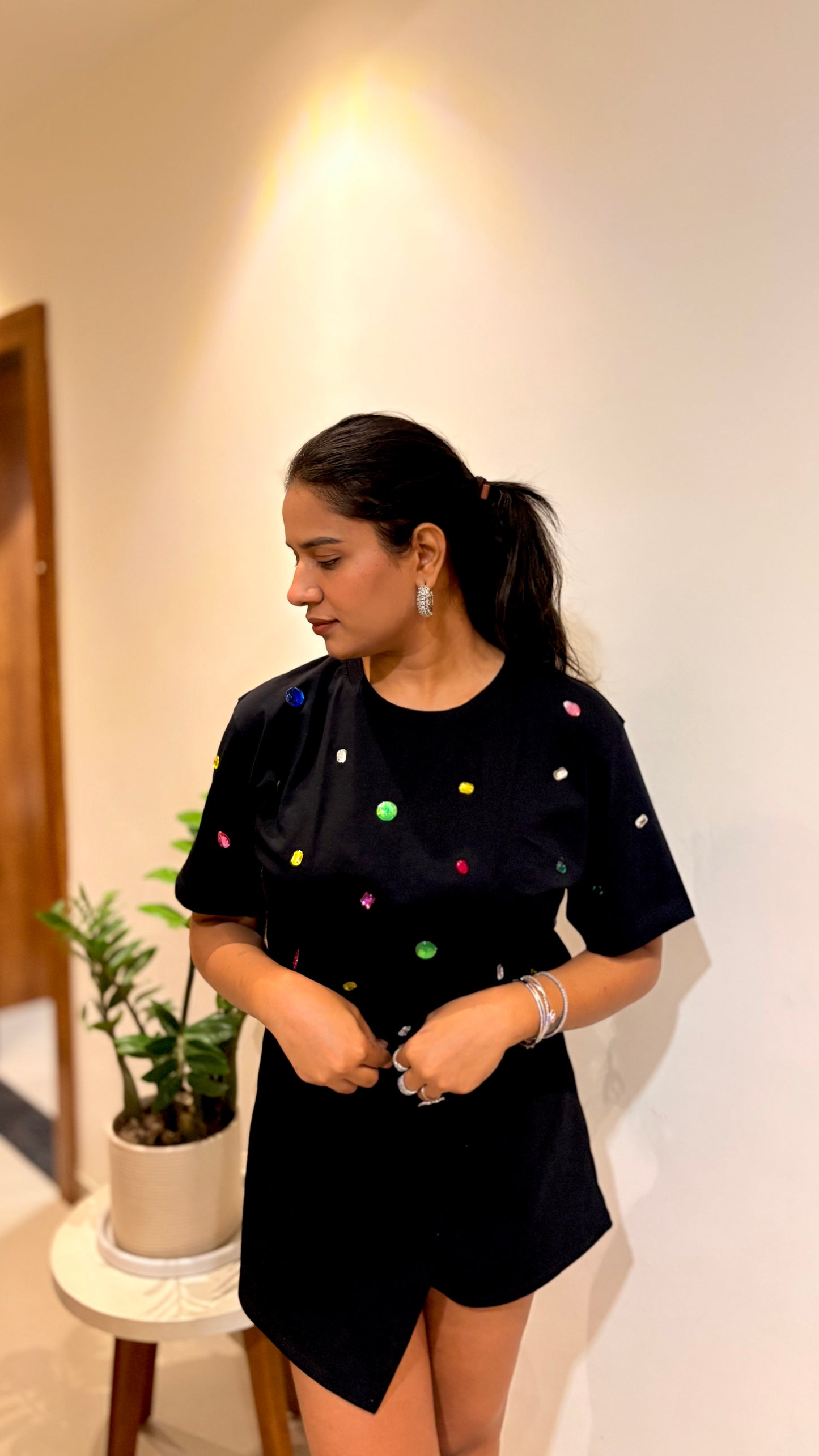 9 Stone Embellished Handcrafted Oversized T Shirt