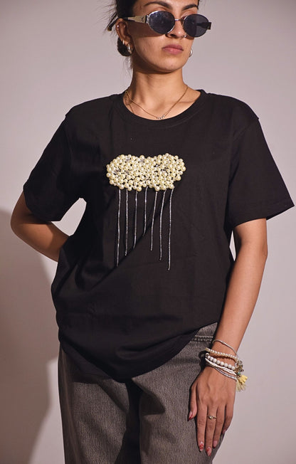 Cloud Embellished Handcrafted oversized T-Shirt Black