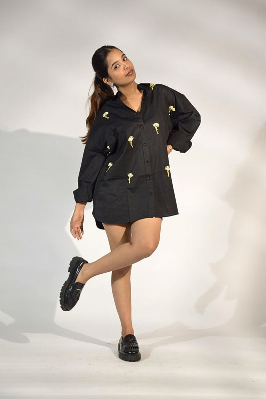 Tree Of life Embellished Handcrafted Oversized Shirt Black