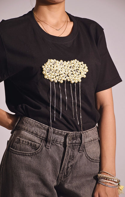 Cloud Embellished Handcrafted oversized T-Shirt Black