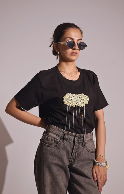 Cloud Embellished Handcrafted oversized T-Shirt Black