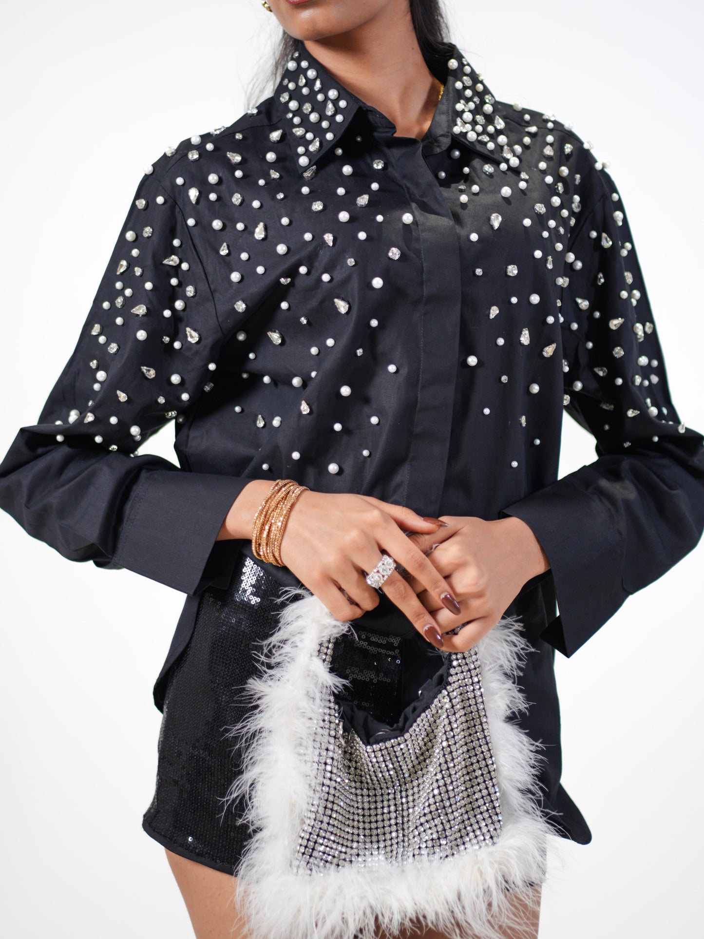 Noor Drip Embellished Handcrafted Oversized Shirt Black