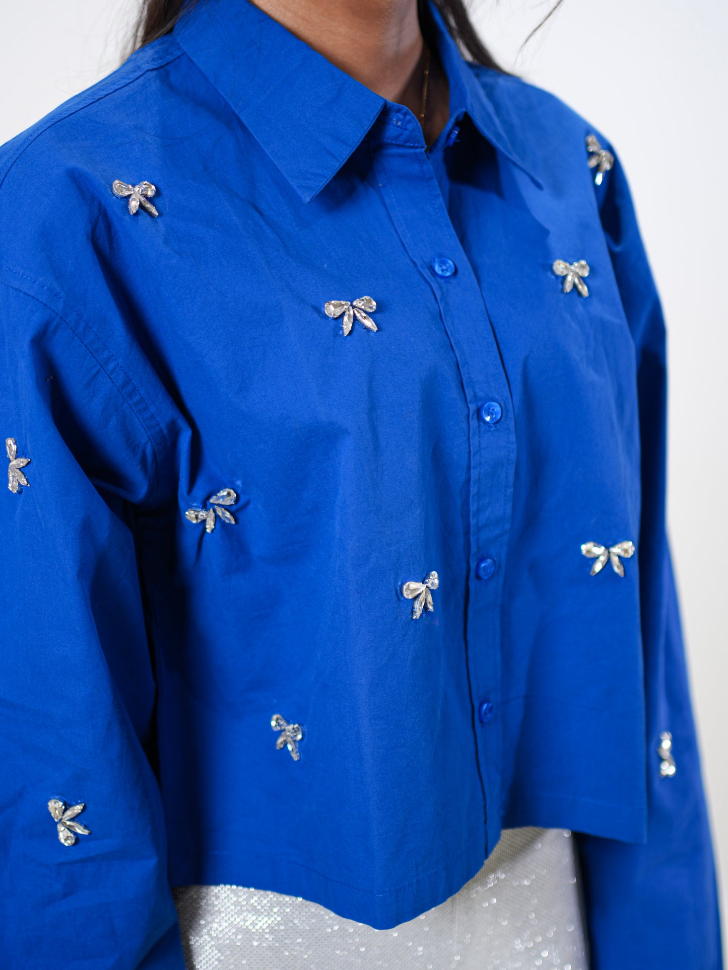 Bow Bliss Embellished Handcrafted Crop Shirt Blue