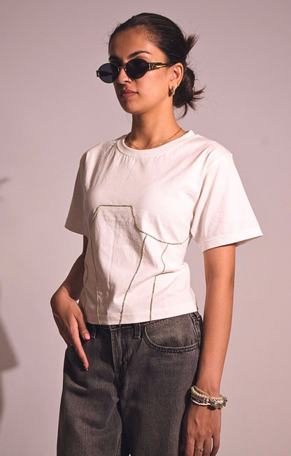 Corset Embellished Handcrafted Crop T Shirt White