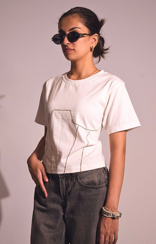 Corset Embellished Handcrafted Crop T Shirt White