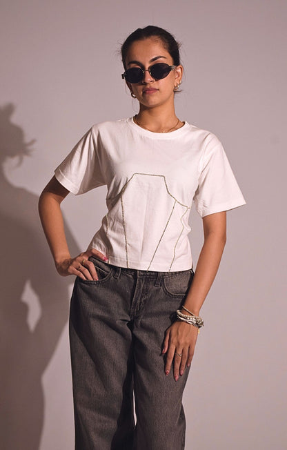 Corset Embellished Handcrafted Crop T Shirt White