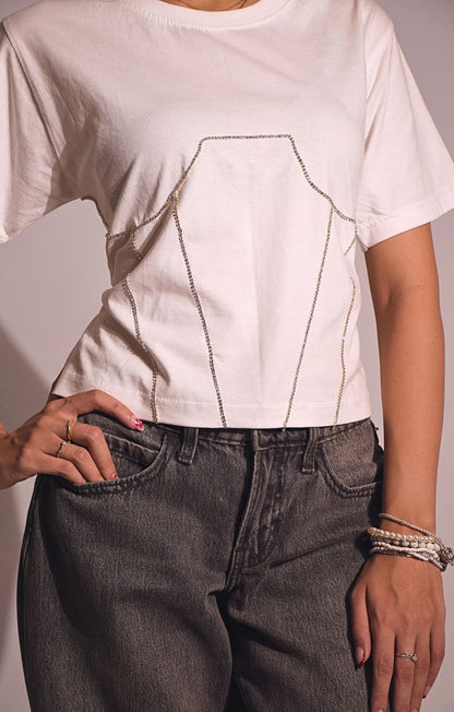 Corset Embellished Handcrafted Crop T Shirt White