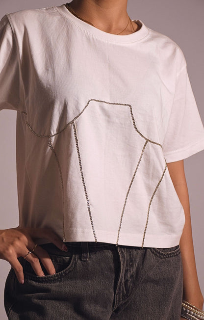 Corset Embellished Handcrafted Crop T Shirt White