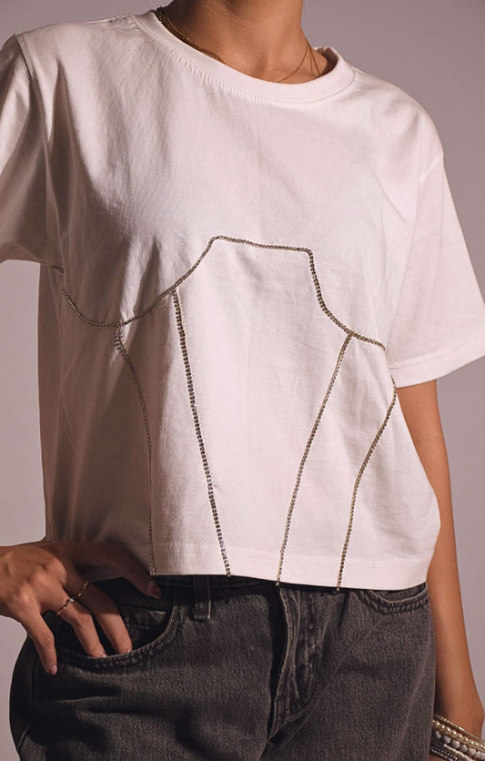 Corset Embellished Handcrafted Crop T Shirt White