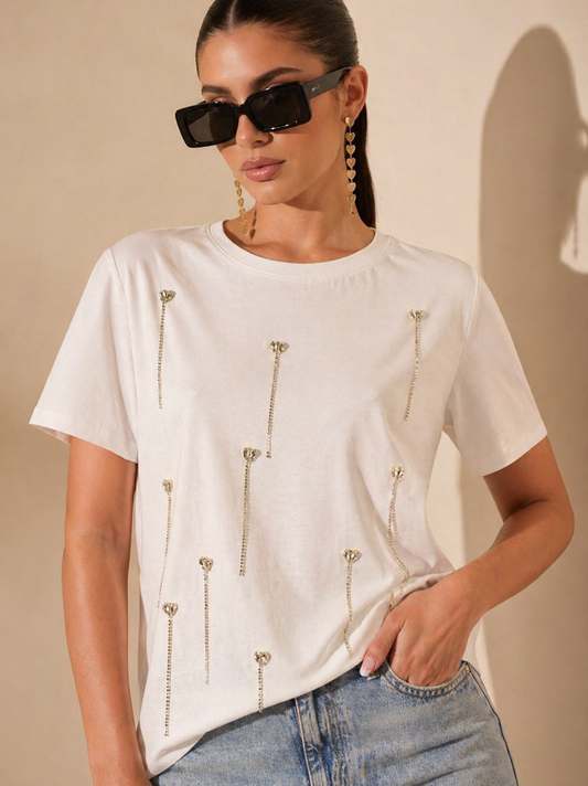 Heartdrop Embellished Handcrafted Drop oversized T-Shirt
