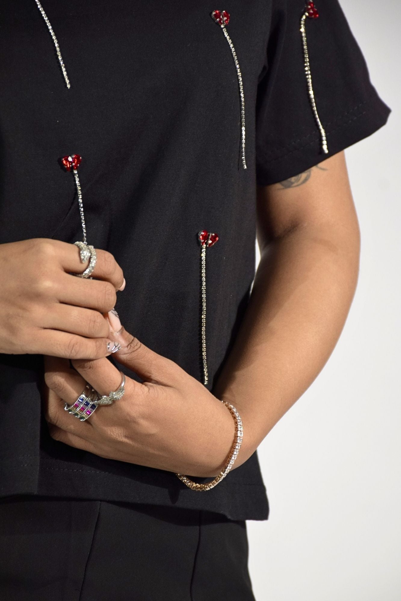 Red Heartdrop Embellished Handcrafted Drop Crop T-Shirt Black