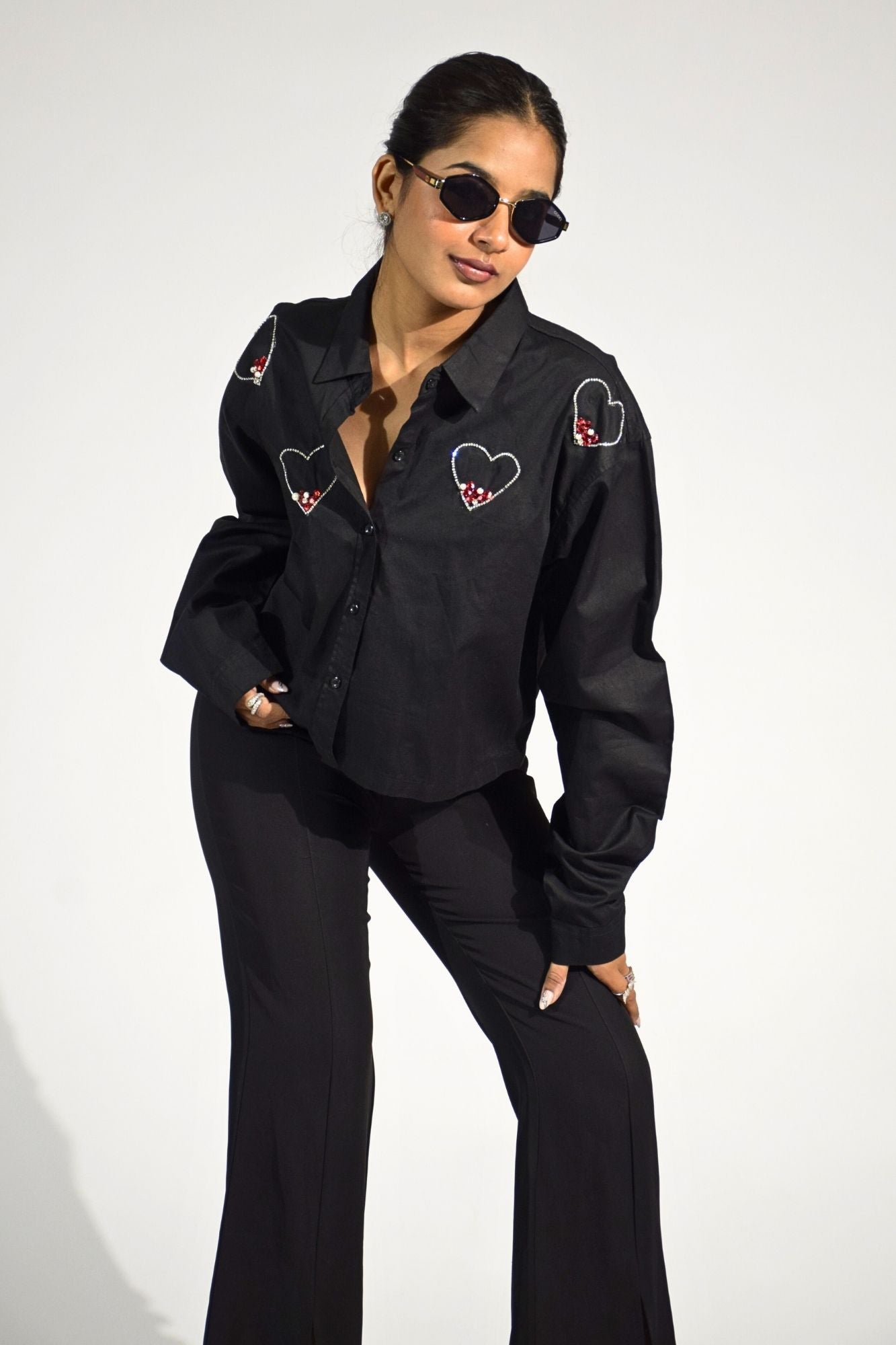 Midnight Love Embellished Handcrafted Crop Shirt Black