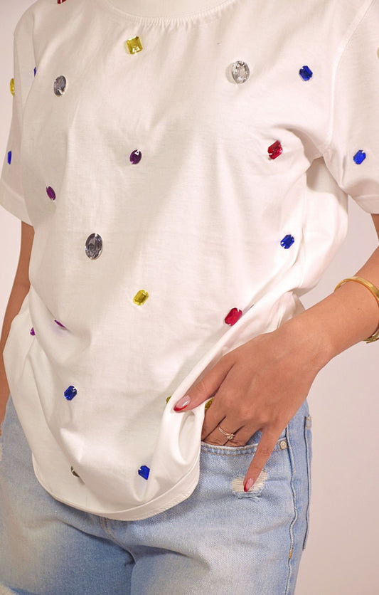 9 Stone Embellished Handcrafted oversized T Shirt White