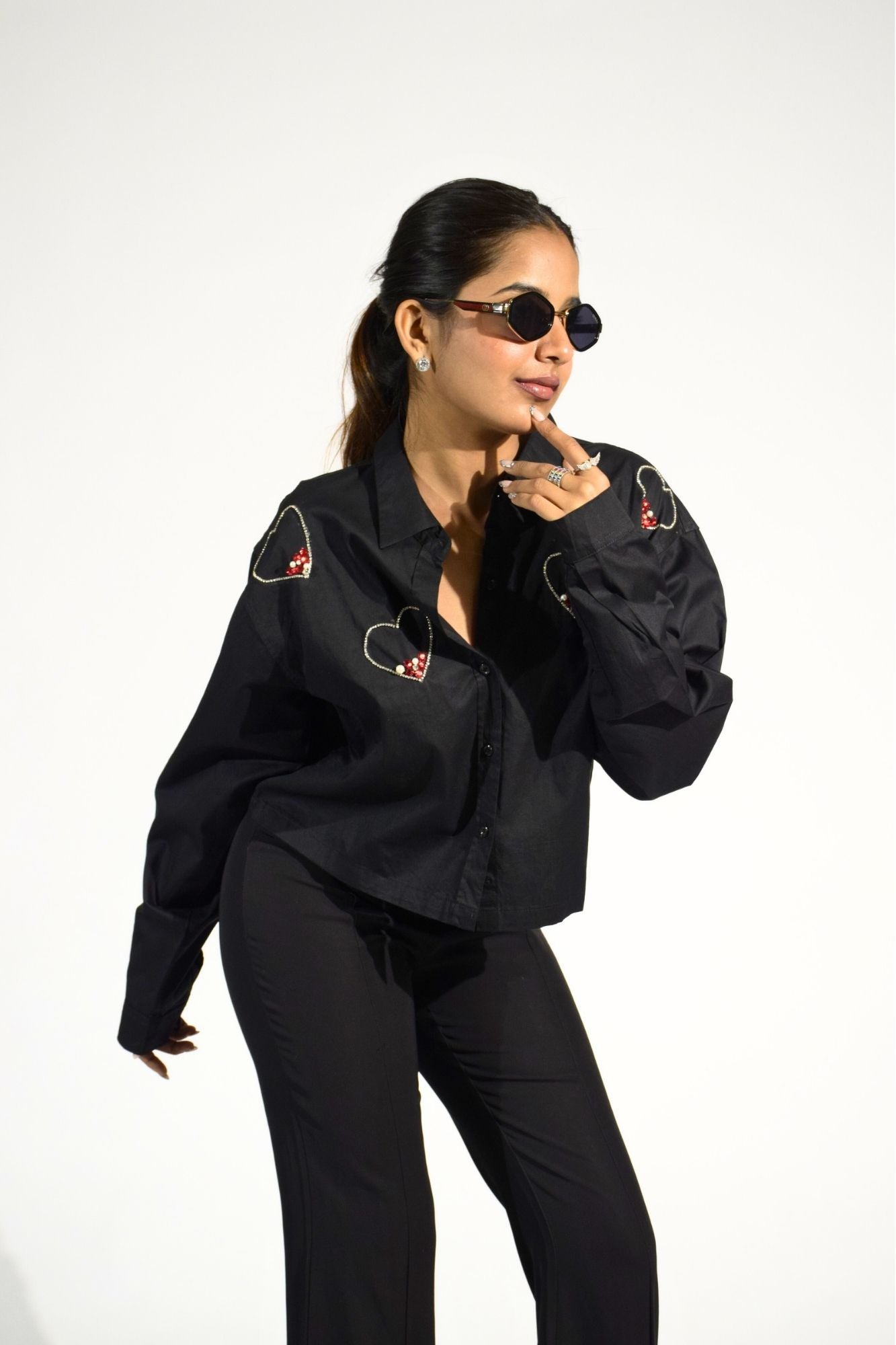Midnight Love Embellished Handcrafted Crop Shirt Black