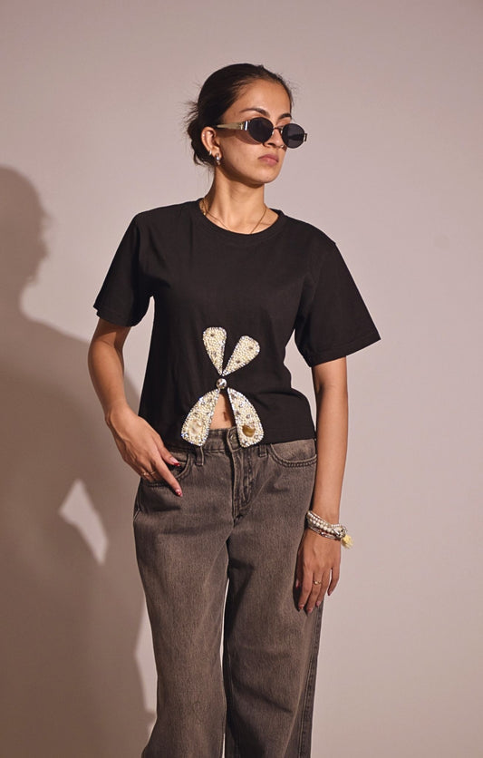 Bow Aura Embellished Handcrafted Crop T Shirt